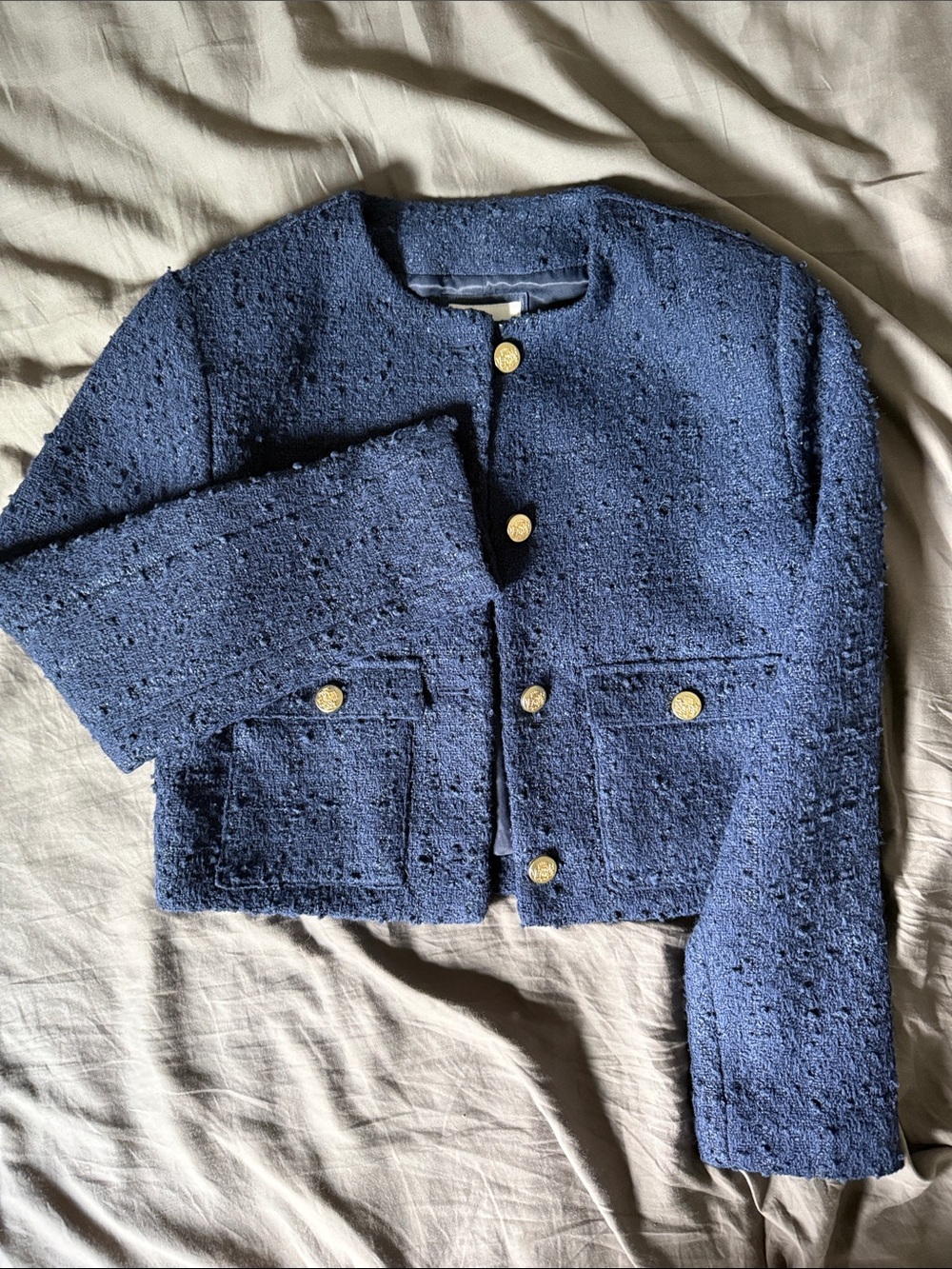 Abercrombie & Fitch Navy Bouclé Cropped Jacket with Gold Buttons